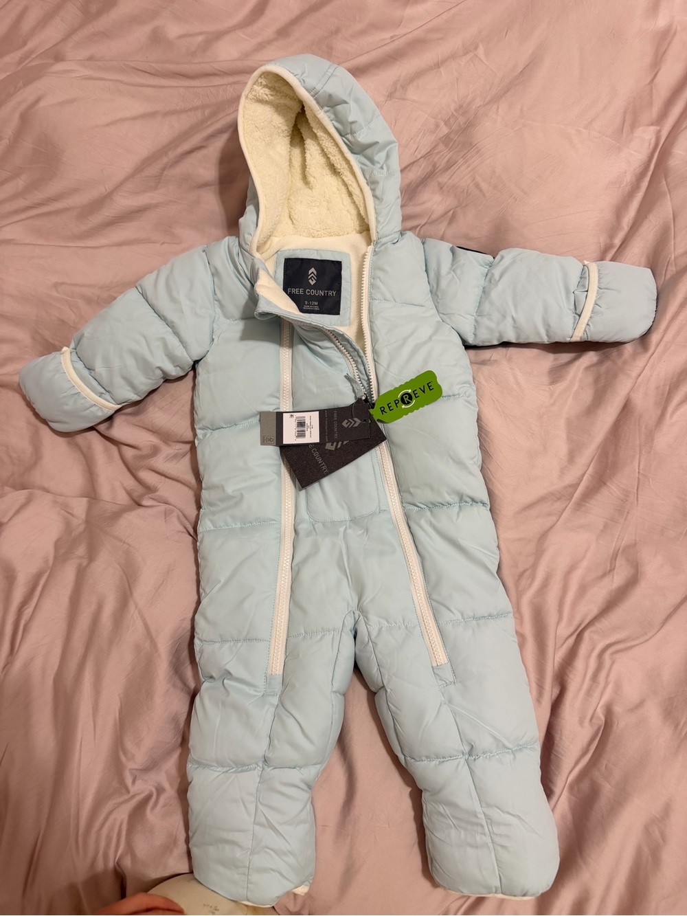 Free Country Baby Hooded Puffer One-Piece in Pale Blue with Cream Trim